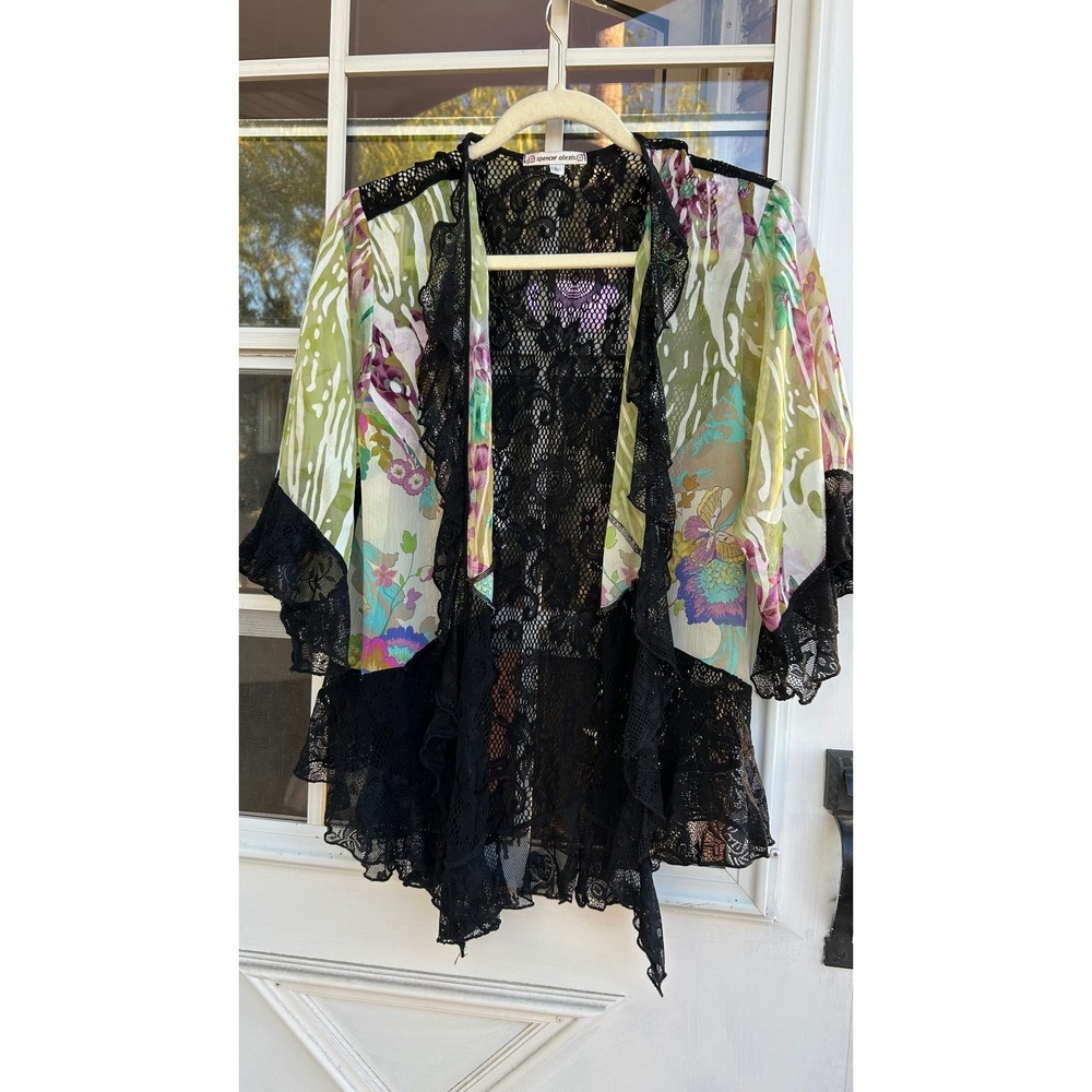 Spencer Alexis Silk Blend Floral Lace Kimono Wrap Top Large Art to Wear Boho - Picture 2 of 9